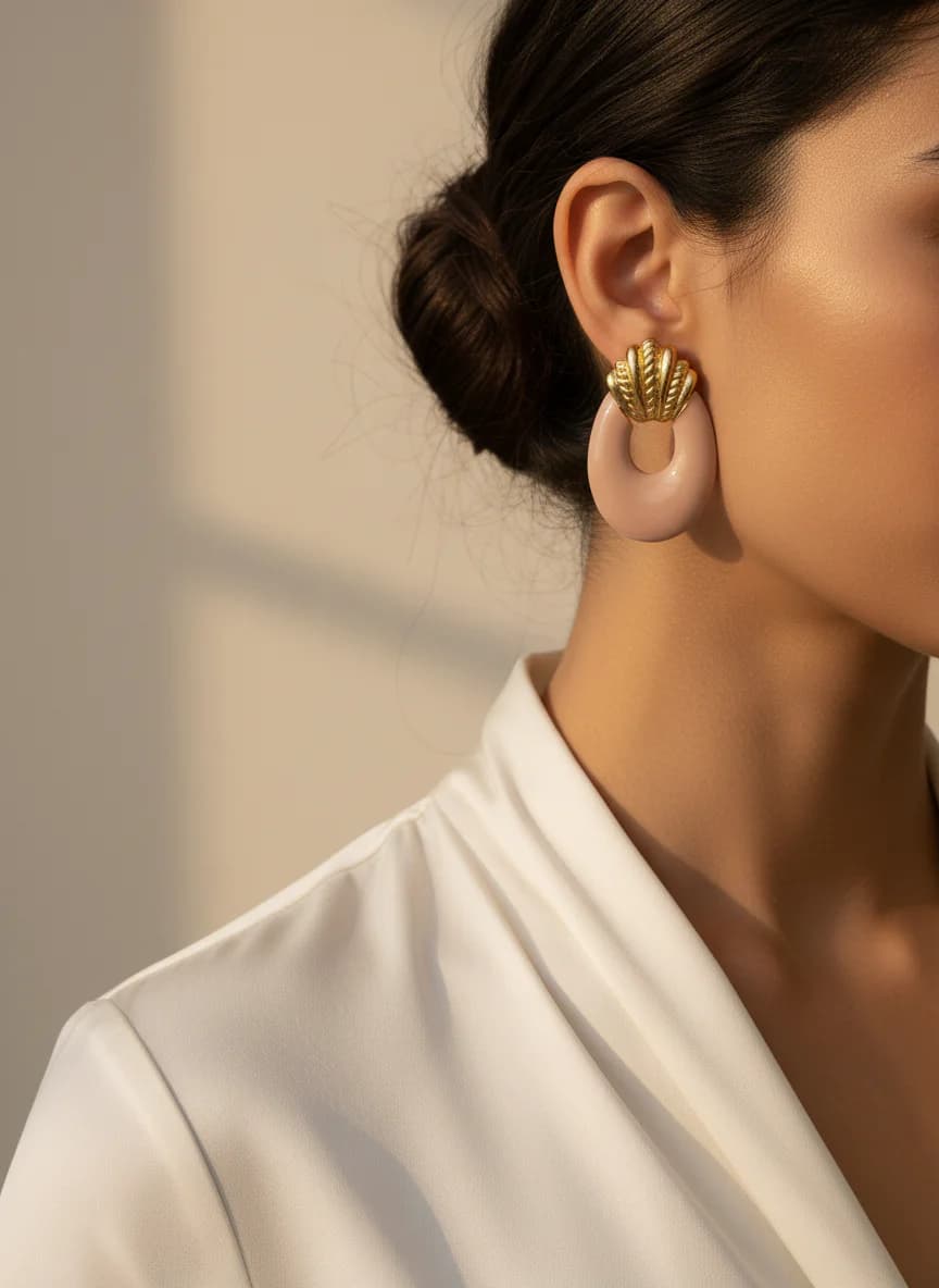 Altın Detaylı Pudra Pembe Oval Halka Küpe