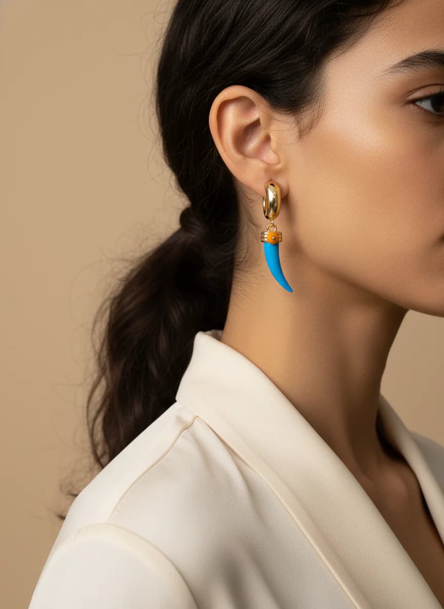 Mavi Boynuz Uçlu Altın Rengi Halka Küpe