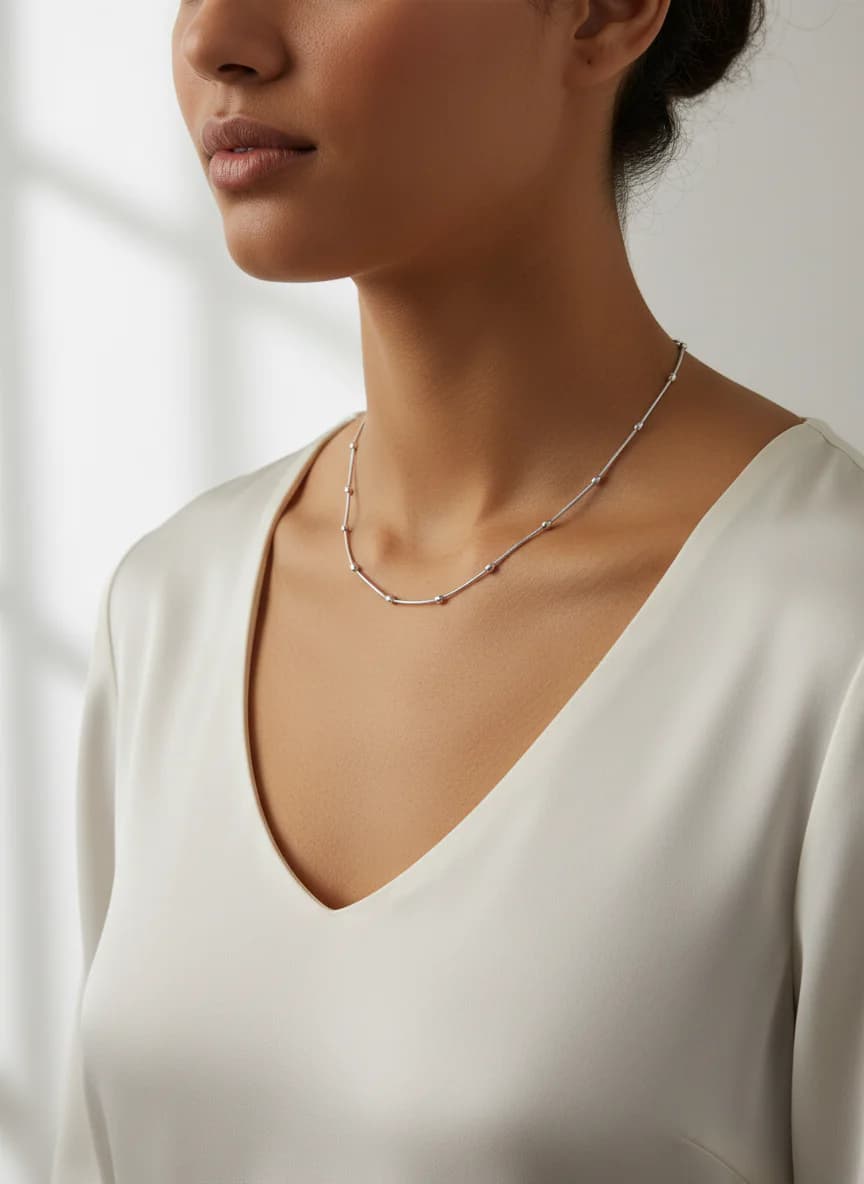 Zarif Gümüş Renk Boncuklu Yılan Zincir Kolye