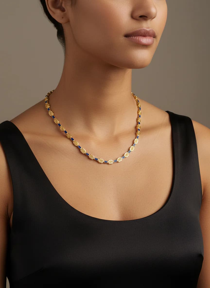 Altın Kaplama Mavi Detaylı Modern Zincir Kolye