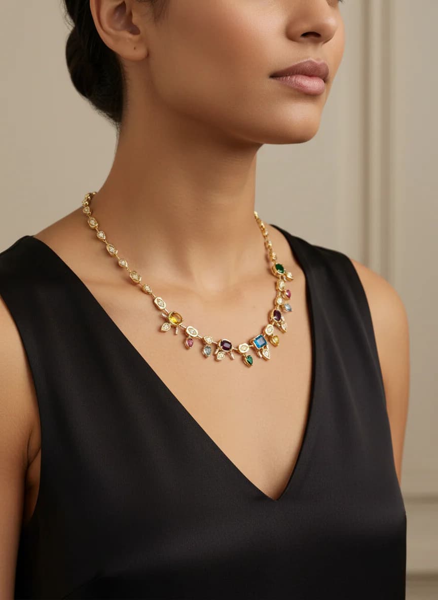 Altın Renkli Çok Renkli Taşlı Lüks Kolye - Pırlanta Detaylı