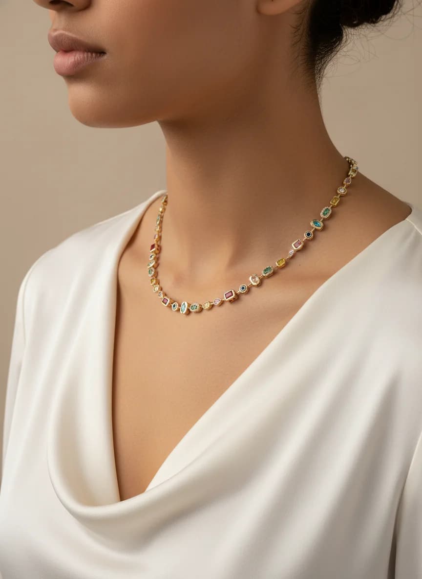 Zarif Renkli Taşlı Altın Rengi Kolye