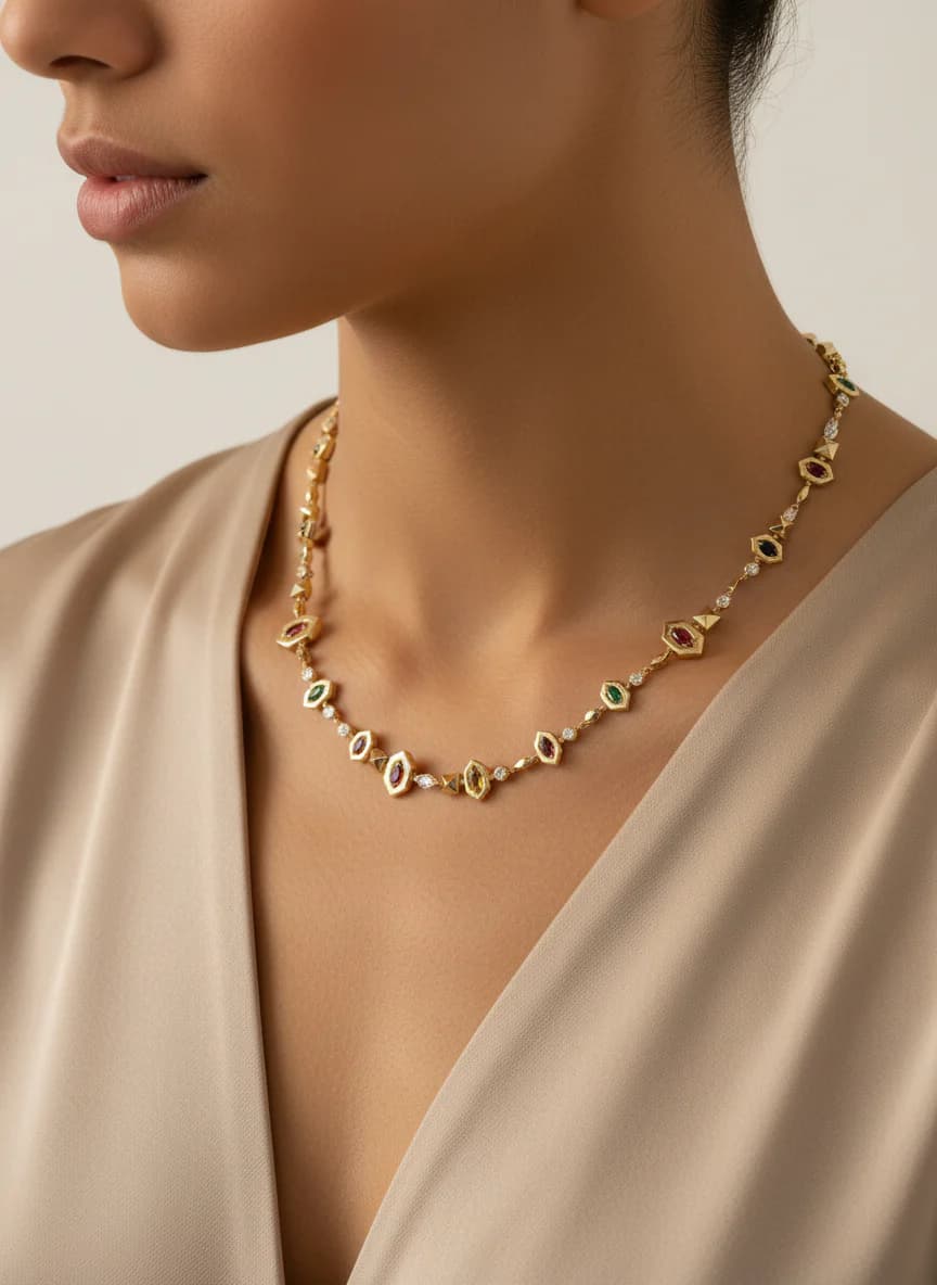 Renkli Taşlı Geometrik Altın Kolye