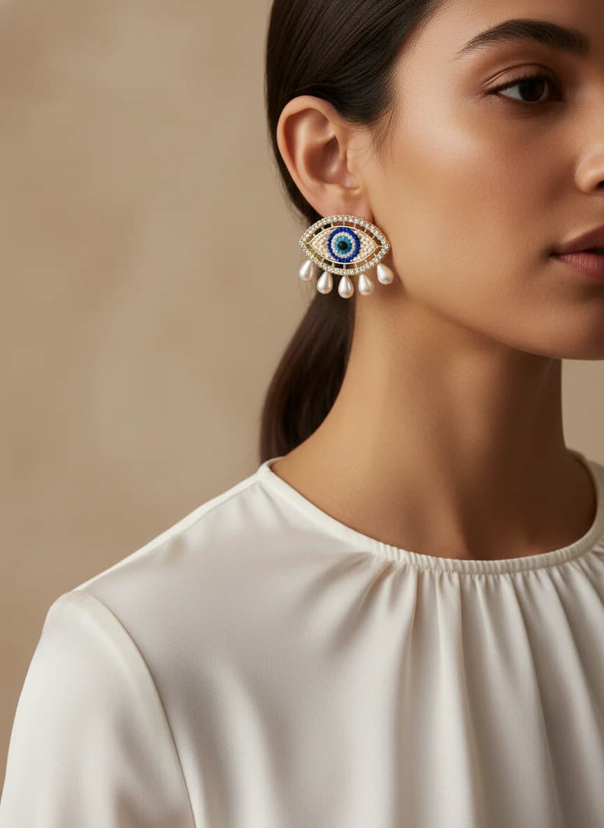 Nazar Boncuğu Taşlı İncili Gold Renk Göz Küpe