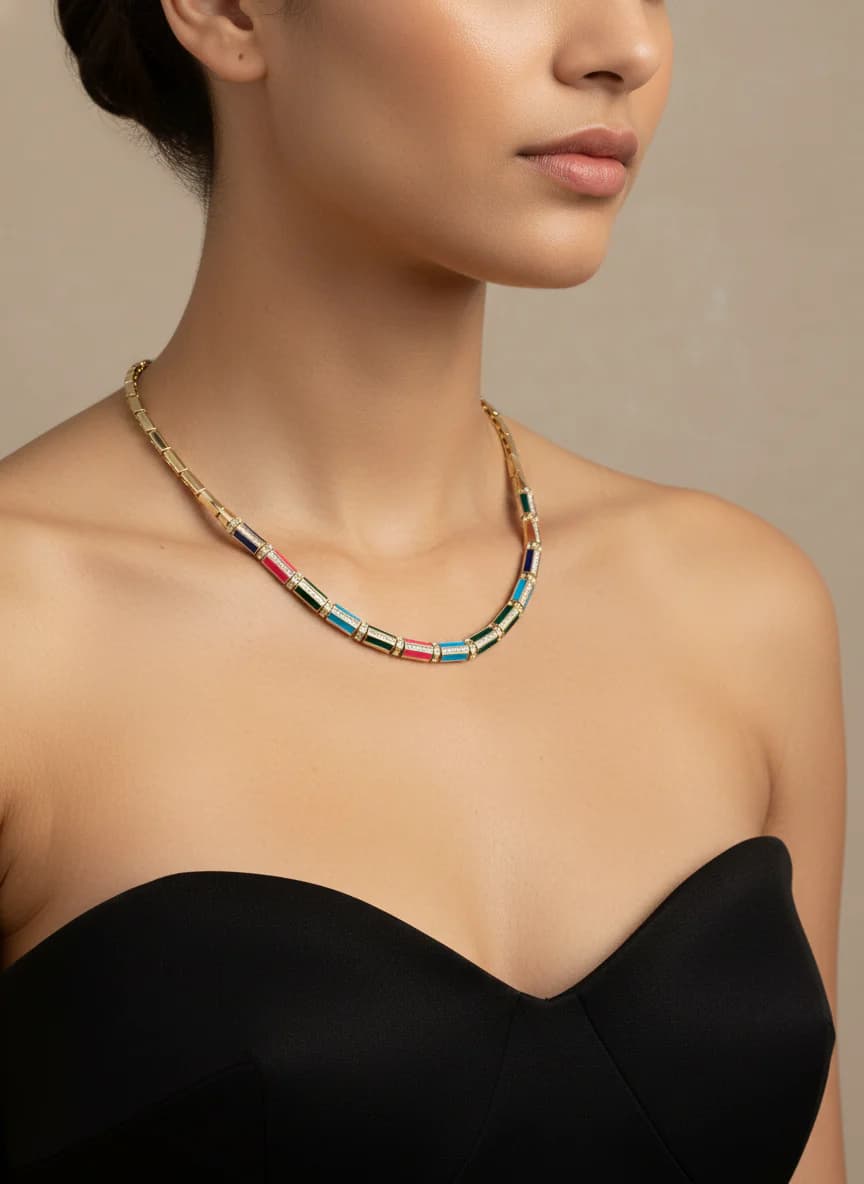 Altın Tonlu Renkli Emaye Taşlı Modern Gerdanlık Kolye