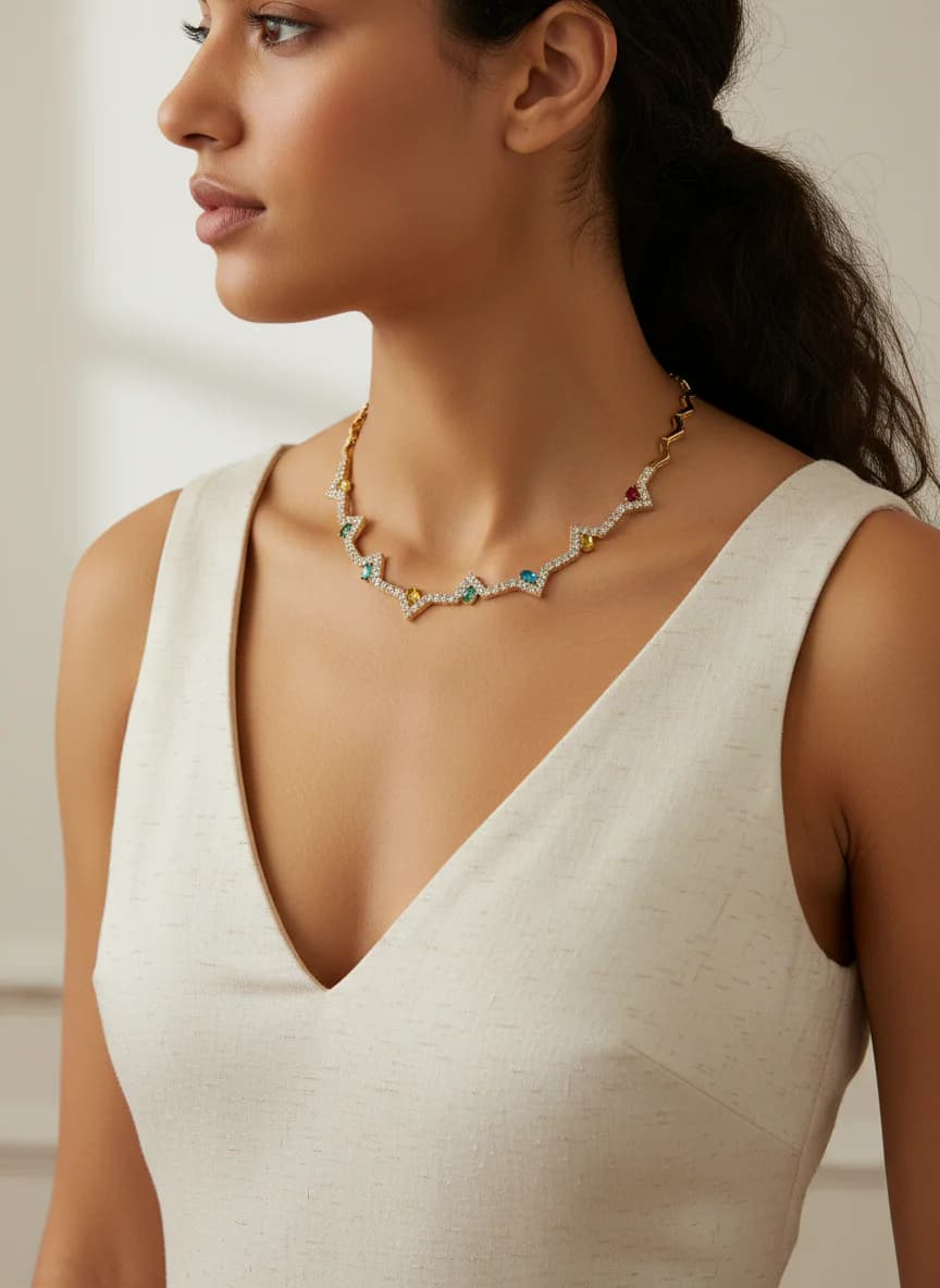 Renkli Taşlı Zikzak Desen Gold Choker Kolye