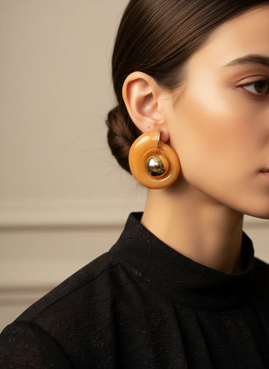 Şık Turuncu Reçine Altın Detaylı Organik Kadın Küpe