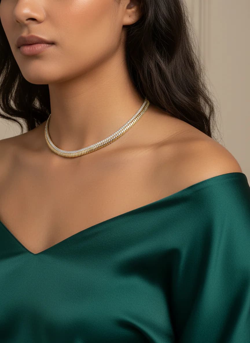 Zarif Altın Pırlanta İki Sıra Yaka Kolyesi