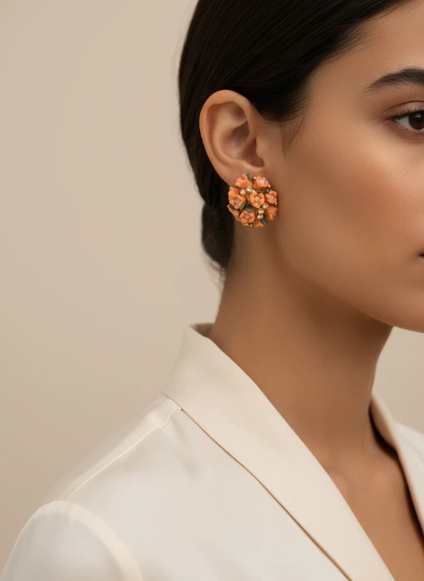 Mercan Çiçek Buketi Küpe | Taşlı Altın Detaylı Kadın Küpe