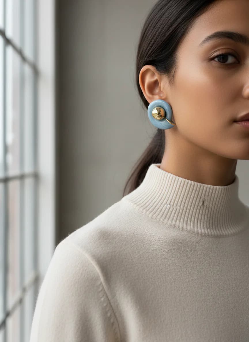 Buz Mavi Altın Top Detaylı Modern Kadın Küpe