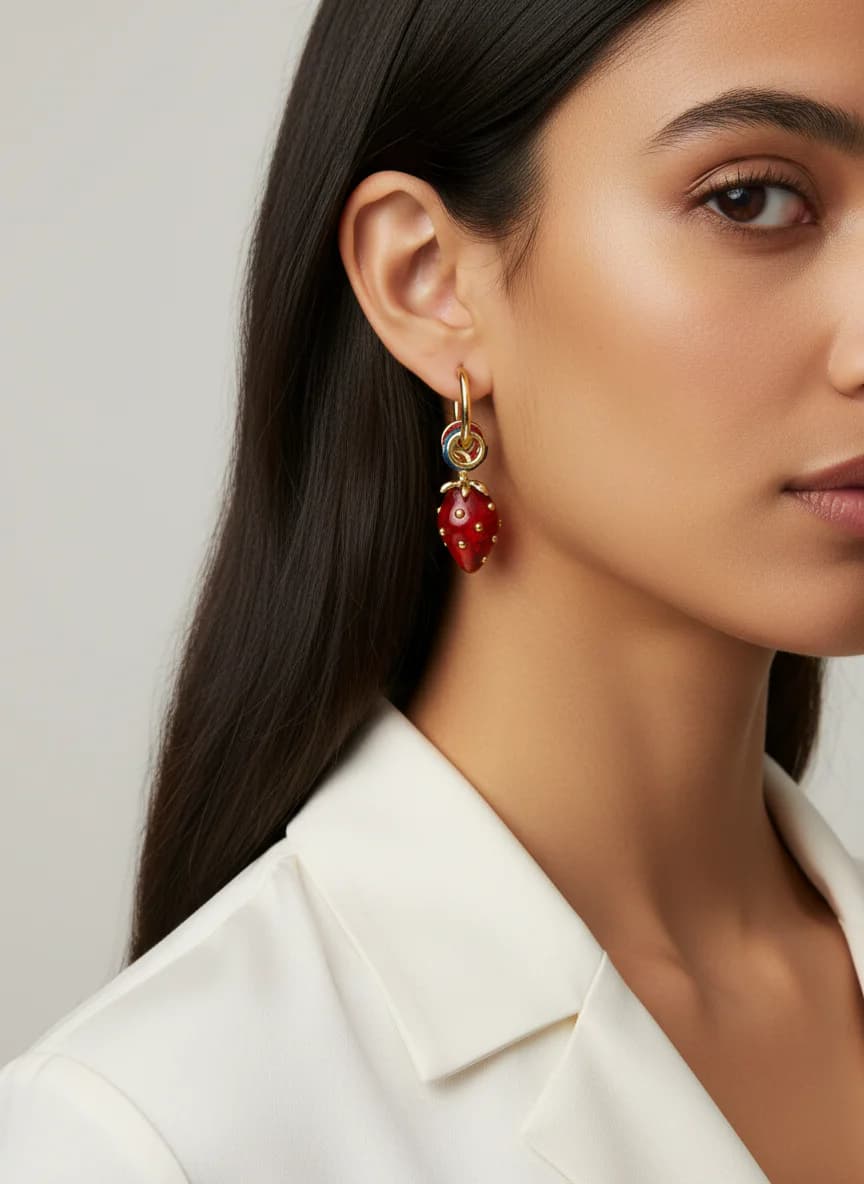 Mineli Kırmızı Çilek Sallantılı Altın Renk Halka Küpe