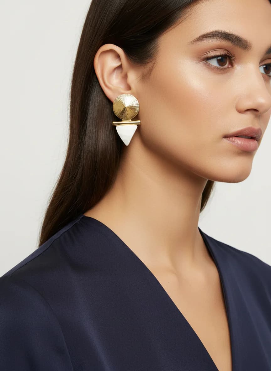 Modern Geometrik Altın Rengi Beyaz Kadın Sallantılı Küpe