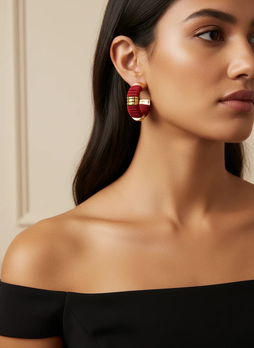 Kırmızı Sarmal Gold Detaylı Halka Küpe