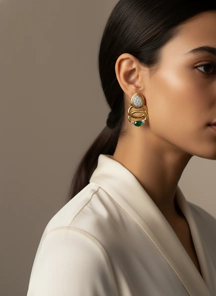 Altın Rengi Zümrüt Pırlanta Görünümlü Damla Halka Küpe