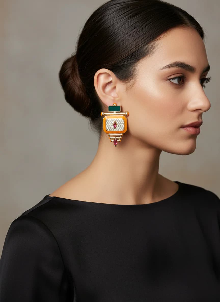 Pırıltılı Turuncu Yeşil Pembe Taşlı Özel Tasarım Küpe