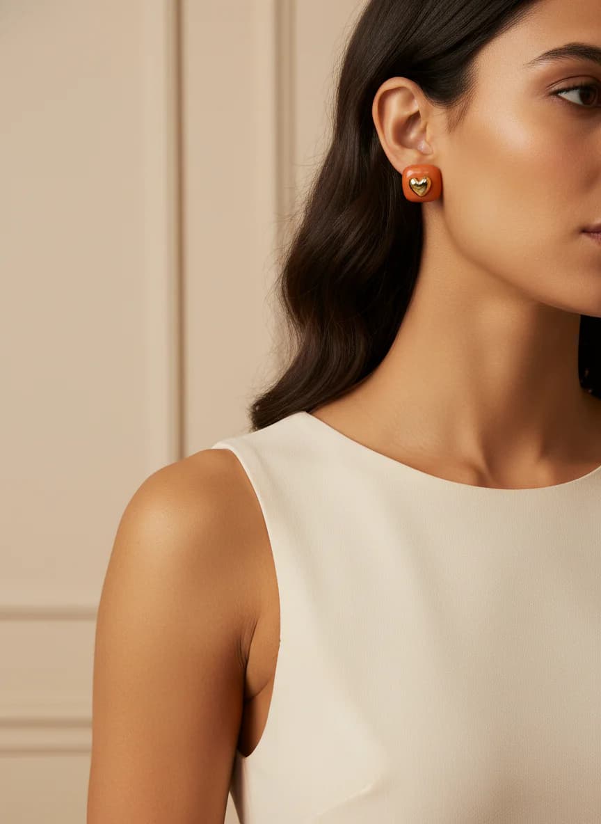 Turuncu Kalpli Reçine Stud Küpe - Altın Detaylı Modern Şık