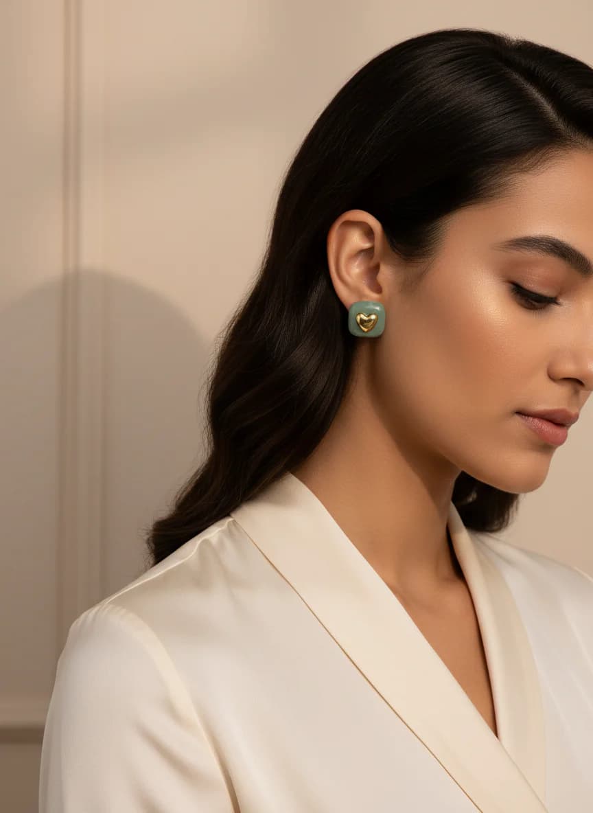 Altın Kalpli Mint Yeşil Kare Küpe | Şık Kadın Takısı