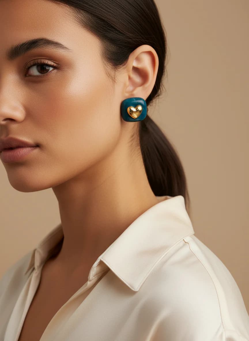 Teal Mermer Desenli Kare Altın Kalp Küpe