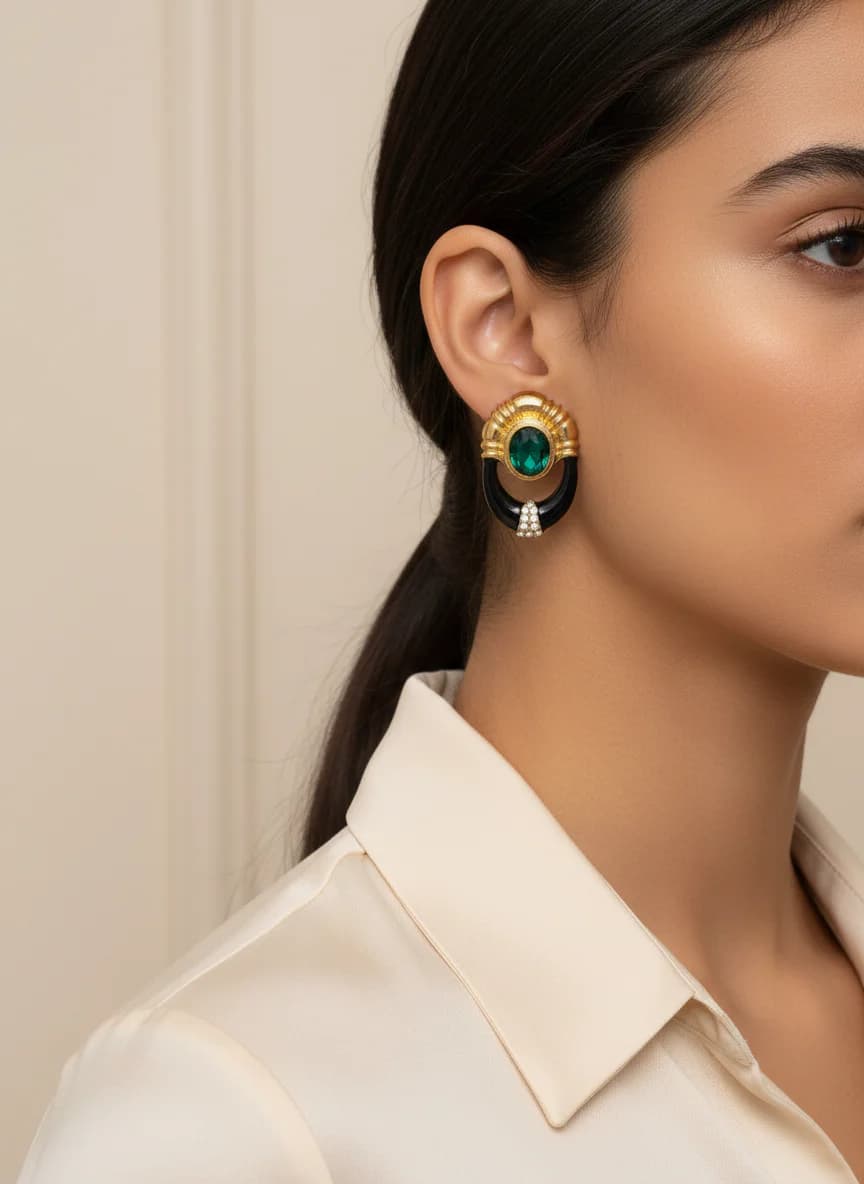 Yeşil taşlı siyah ve gold uyumlu küpe