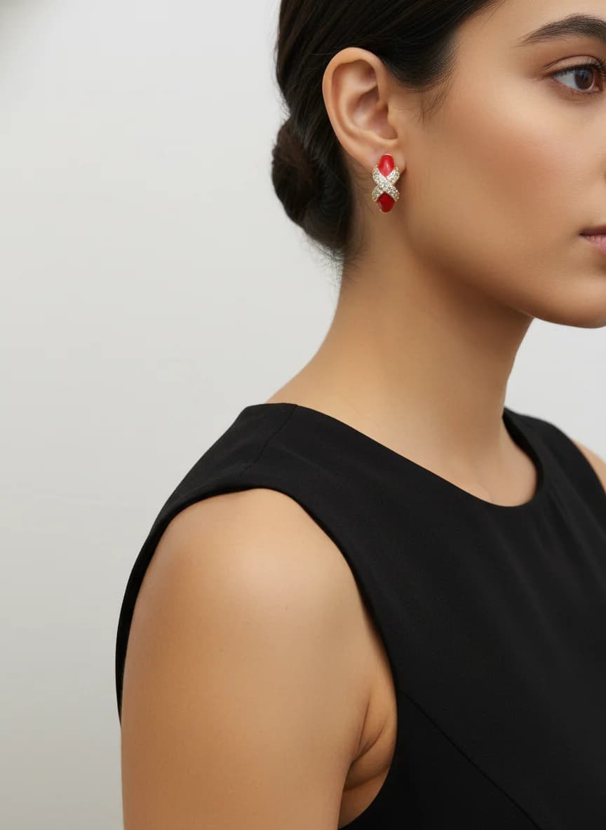 Kırmızı Mineli Altın Rengi Zirkon Taşlı X Desenli Halka Küpe