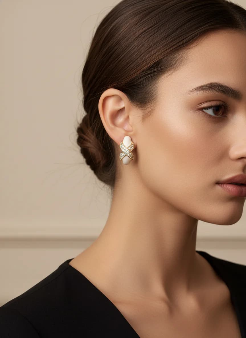 mineli Altın Rengi Zirkon Taşlı X Desenli Halka Küpe