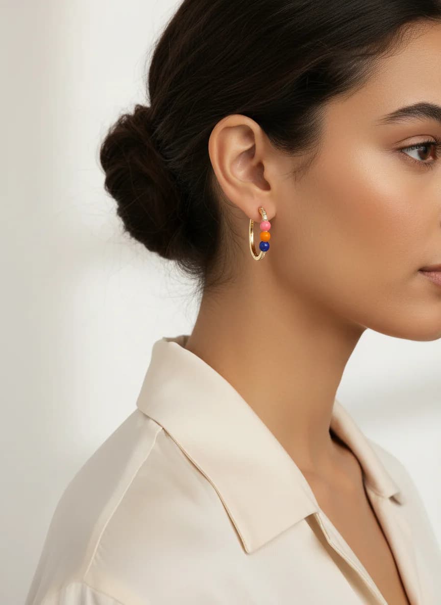 Renkli Boncuklu Zirkon Taşlı Altın Kaplama Halka Küpe