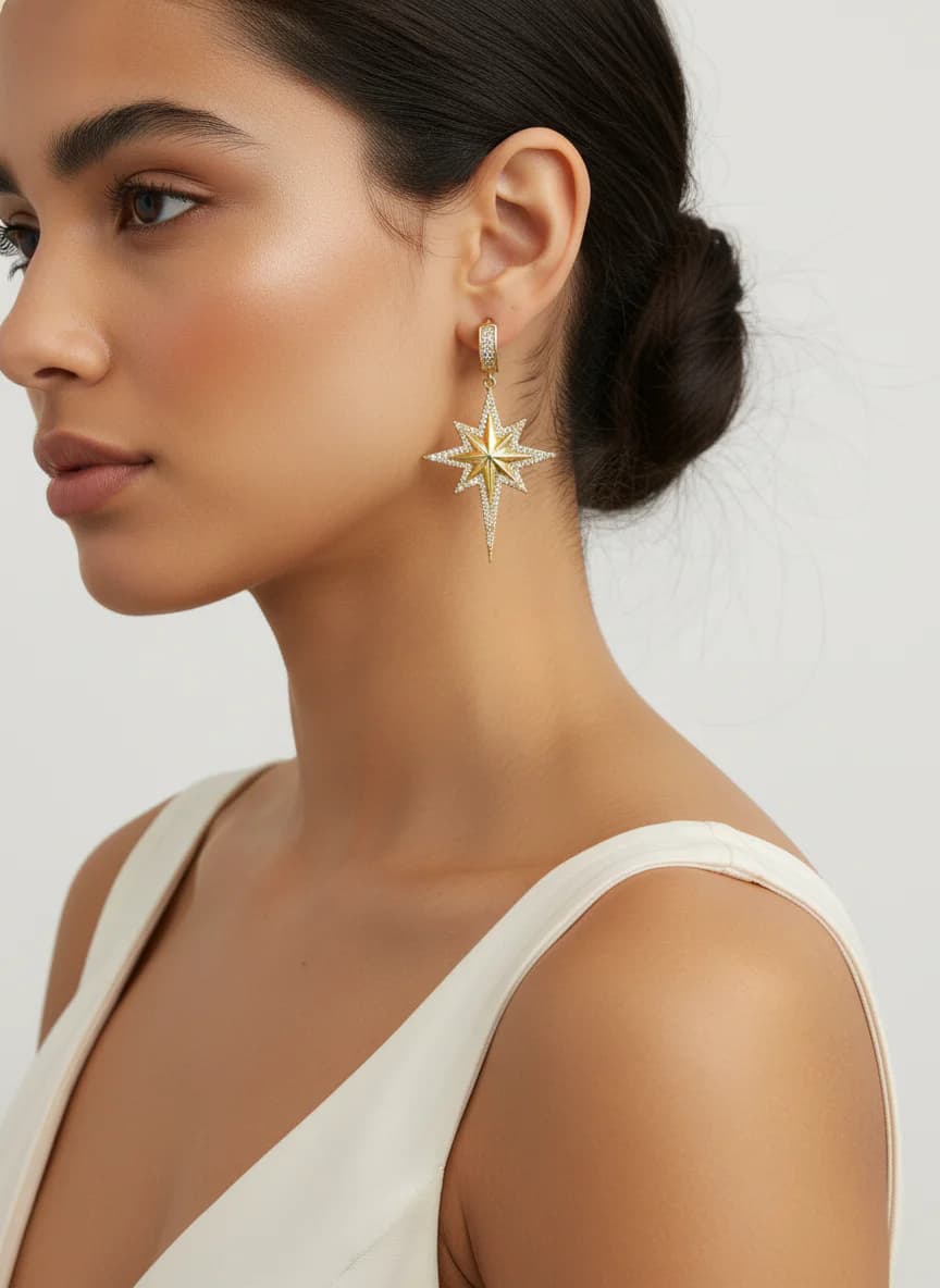 Altın Rengi Zirkon Taşlı Yıldız Sallantılı Küpe