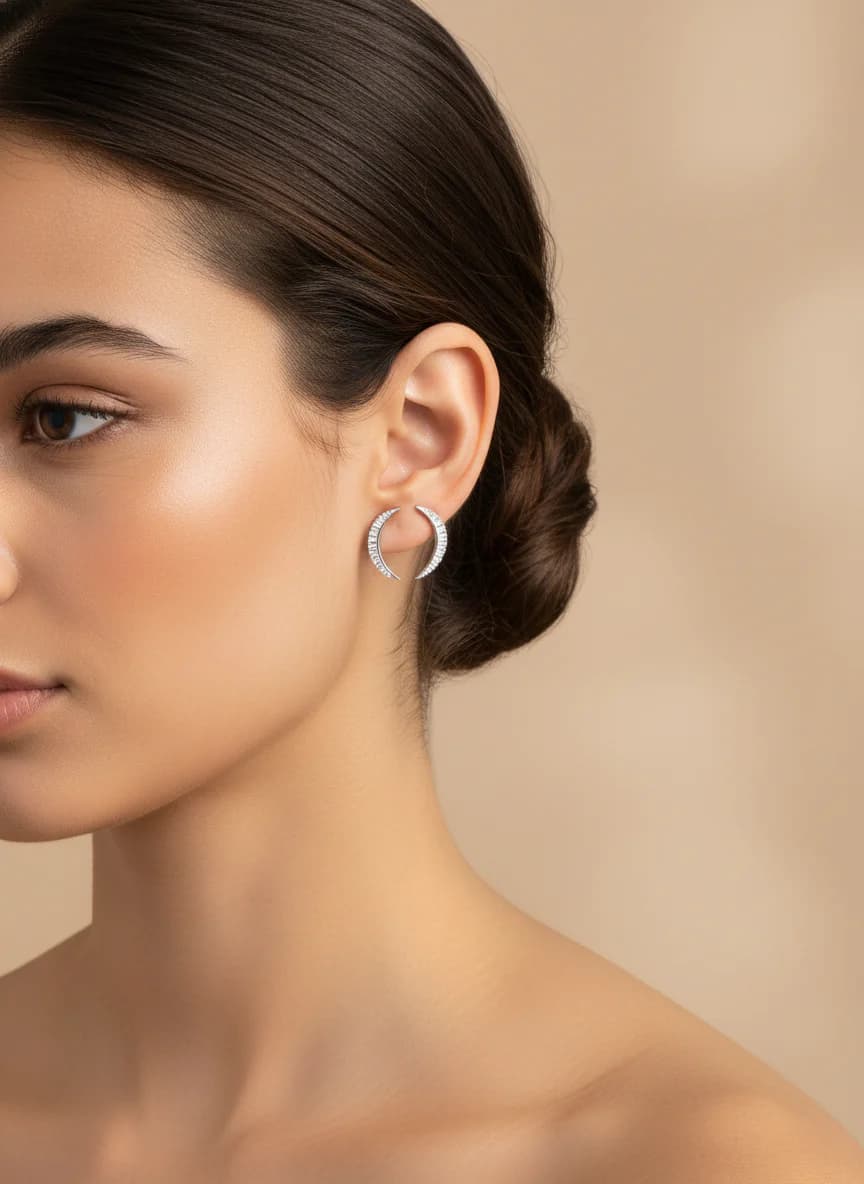 Gümüş Rengi Baget Taşlı Açık Hilal Küpe