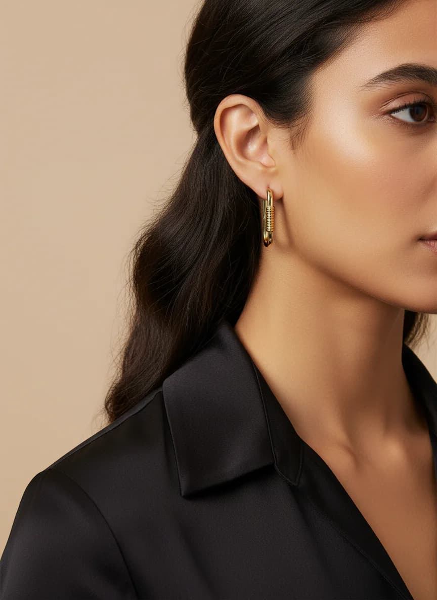 Altın Rengi Kabartmalı Kilitli Halka Küpe