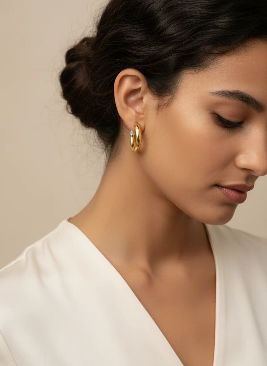 Taş Detaylı Kalın Altın Rengi C Halka Küpe