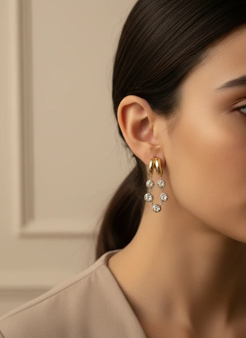 Altın Kaplama Kristal Taşlı Şık Sallantılı Küpe