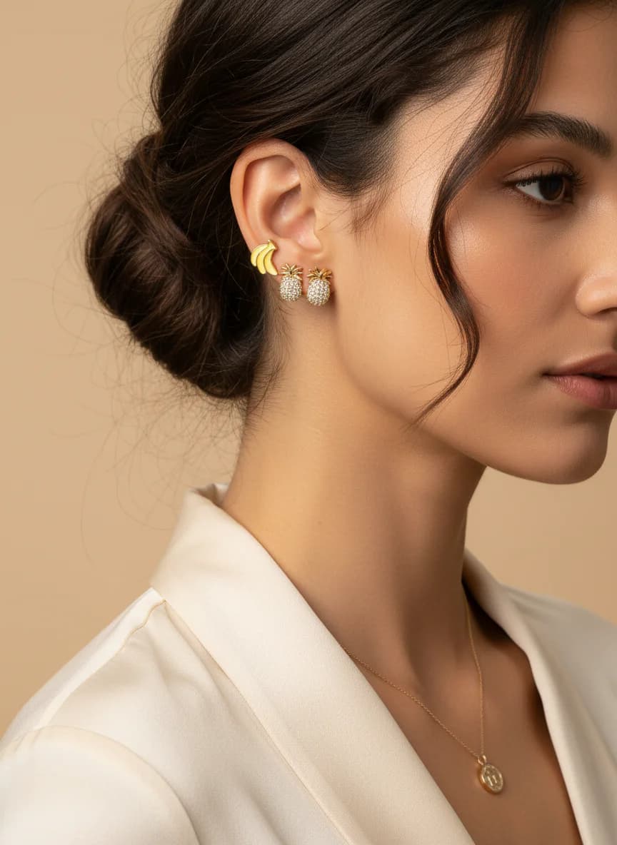 Meyve Temalı 3'lü Stud Küpe Seti - Ananas, Muz, Kiraz