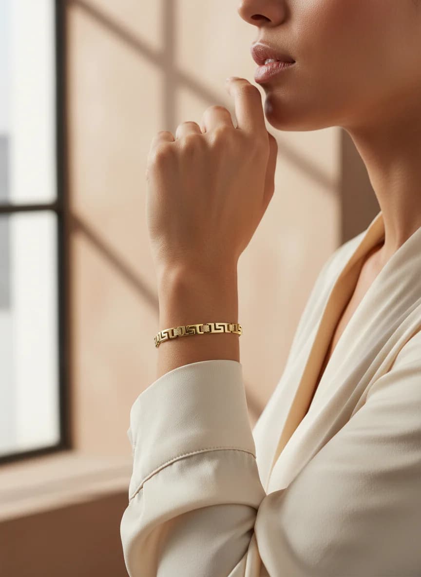 Altın Renk Grek Desen & File Detaylı Zincir Bileklik