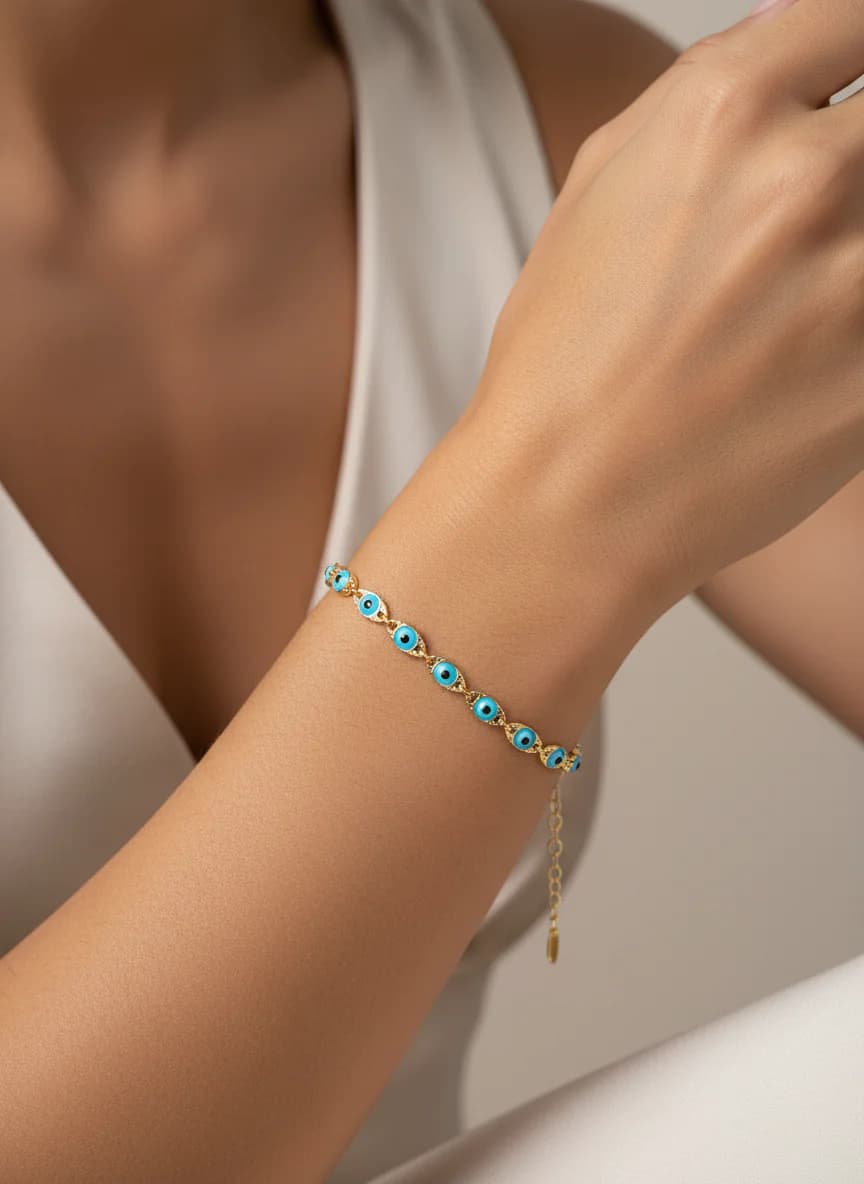 Nazar Boncuklu Altın Rengi Zincir Bileklik - Kadın Takı