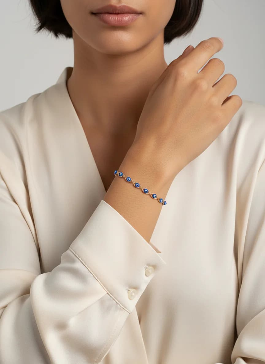 Altın Renkli Mavi Nazar Boncuklu Zarif Zincir Bileklik