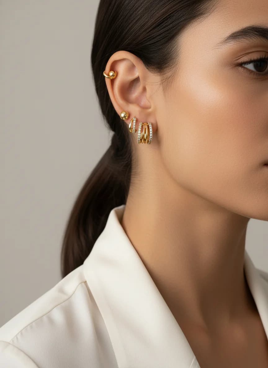 Altın Rengi Zirkon Taşlı Kombin Küpe Seti - Halka ve Top