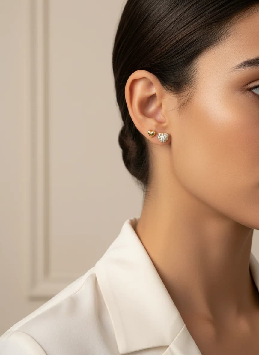 Altın Rengi Kalp Küpe Seti - Taşlı ve Sade Stud Küpeler