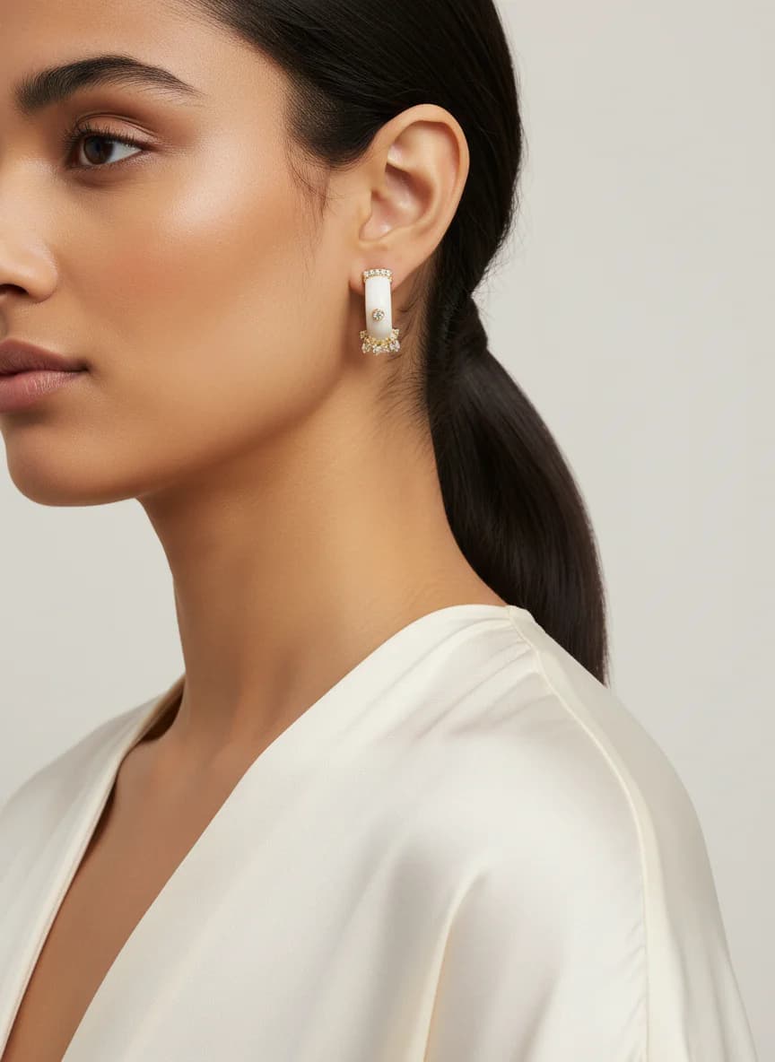 Beyaz Mineli Altın Rengi Zirkon Taşlı Halka Küpe