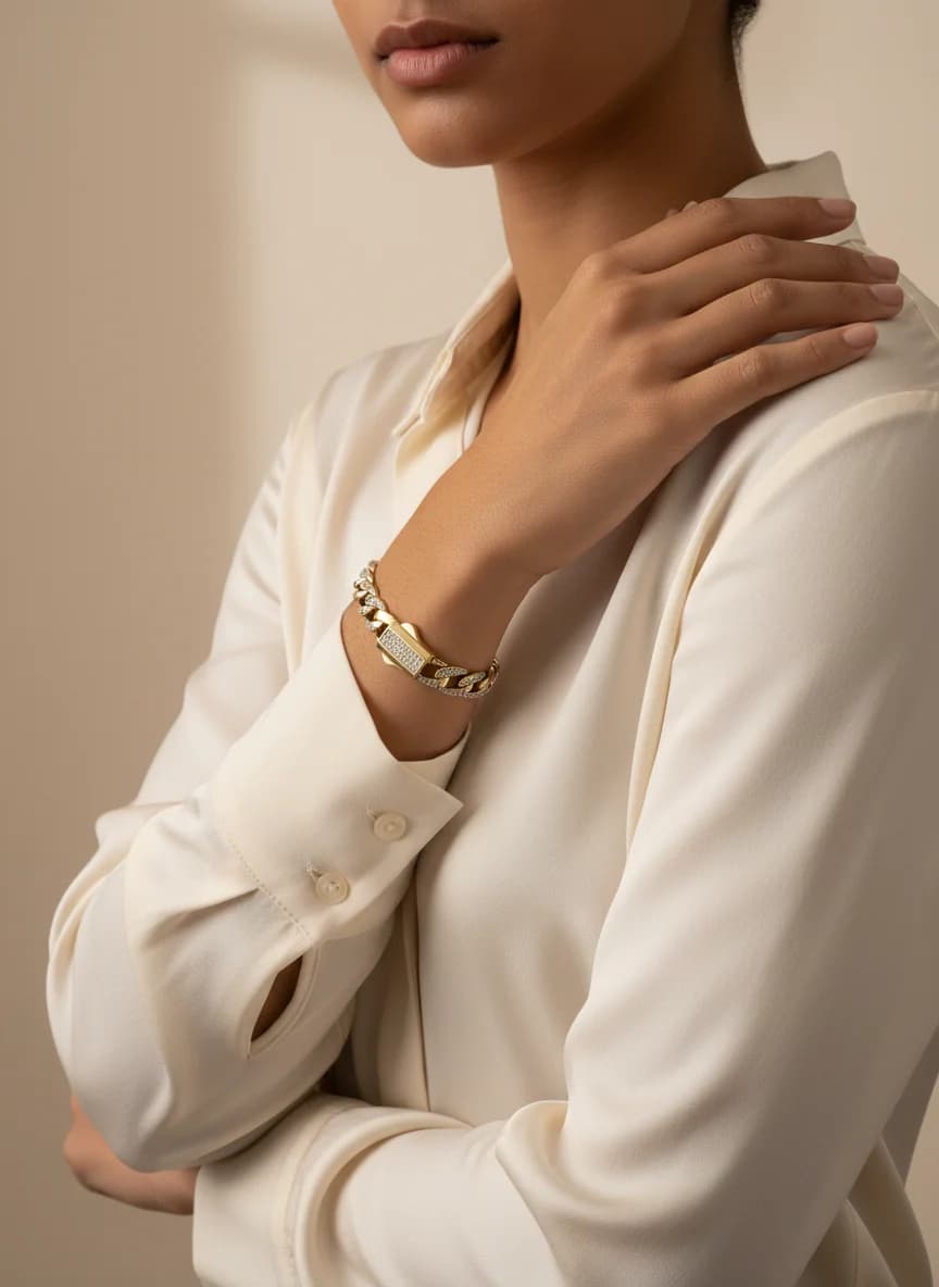 Altın Kaplama Taşlı Küba Zincir Bileklik - Lüks Tasarım