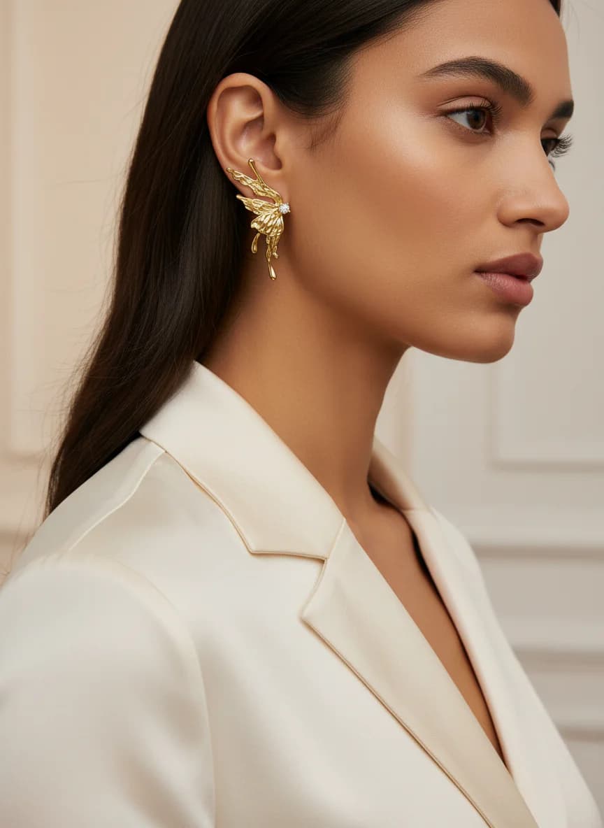 Altın Renkli Erimiş Kelebek Kanadı Tasarım Zirkon Küpe