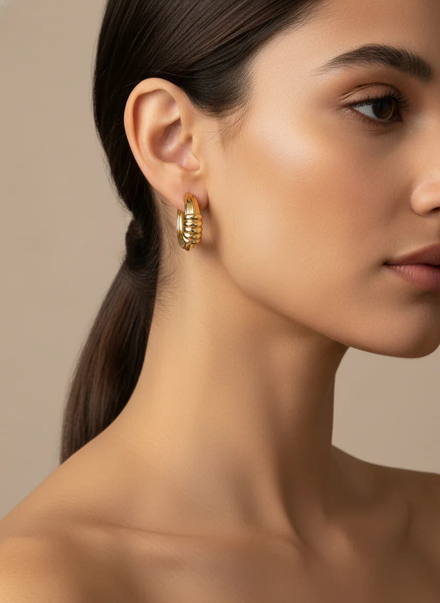 Modern Desenli Altın Rengi Kalın Halka Küpe