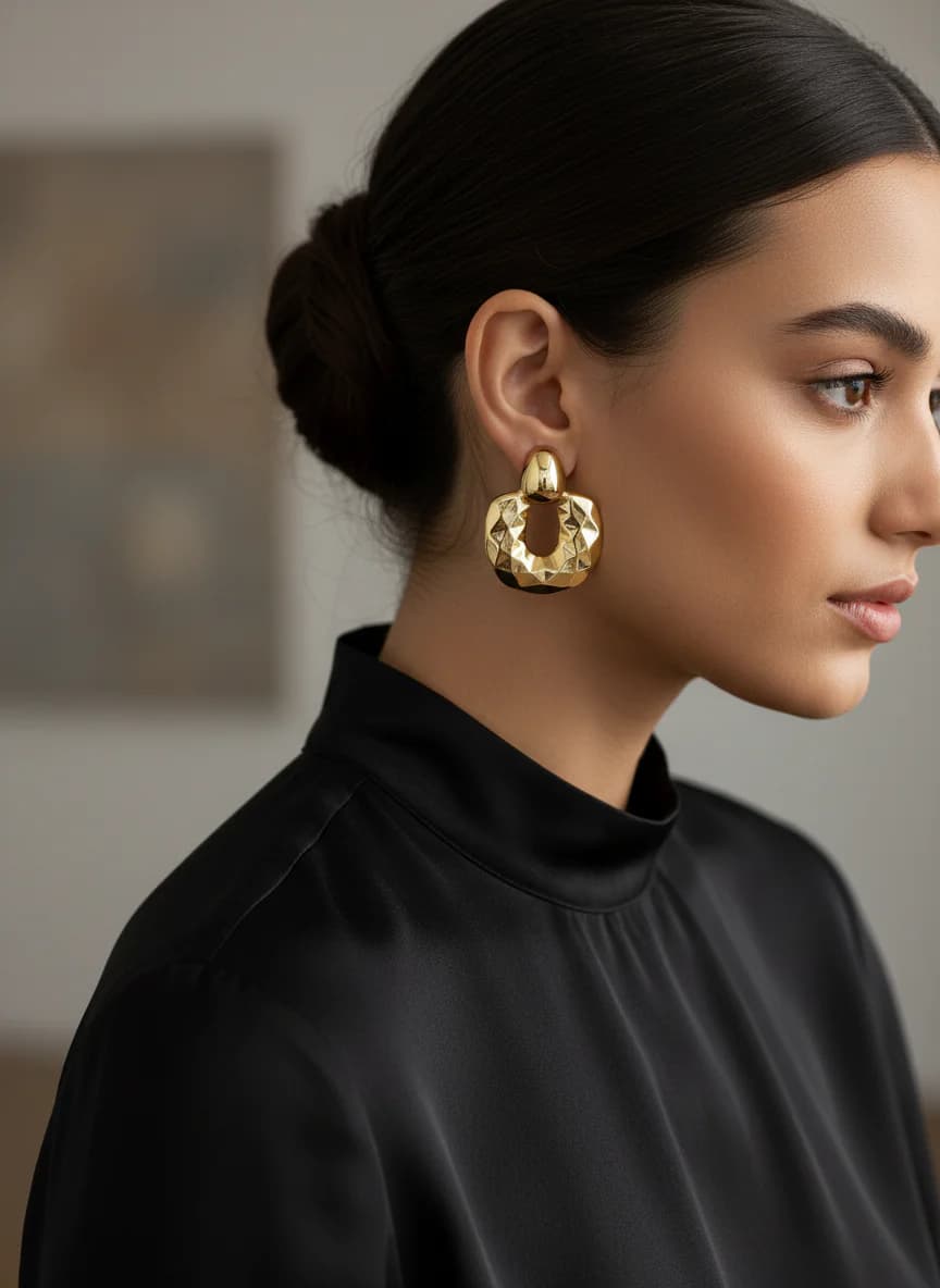 Şık Gold Geometrik Dokulu Damla Küpe - Modern Tasarım