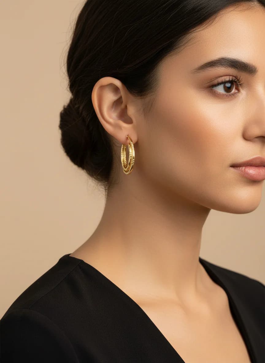 Zarif Desenli Altın Renkli Halka Küpe