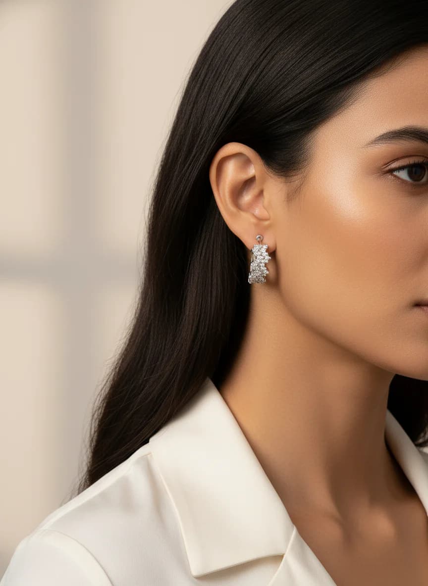 Parlak Zirkon Taşlı Gümüş Rengi Huggie Halka Küpe