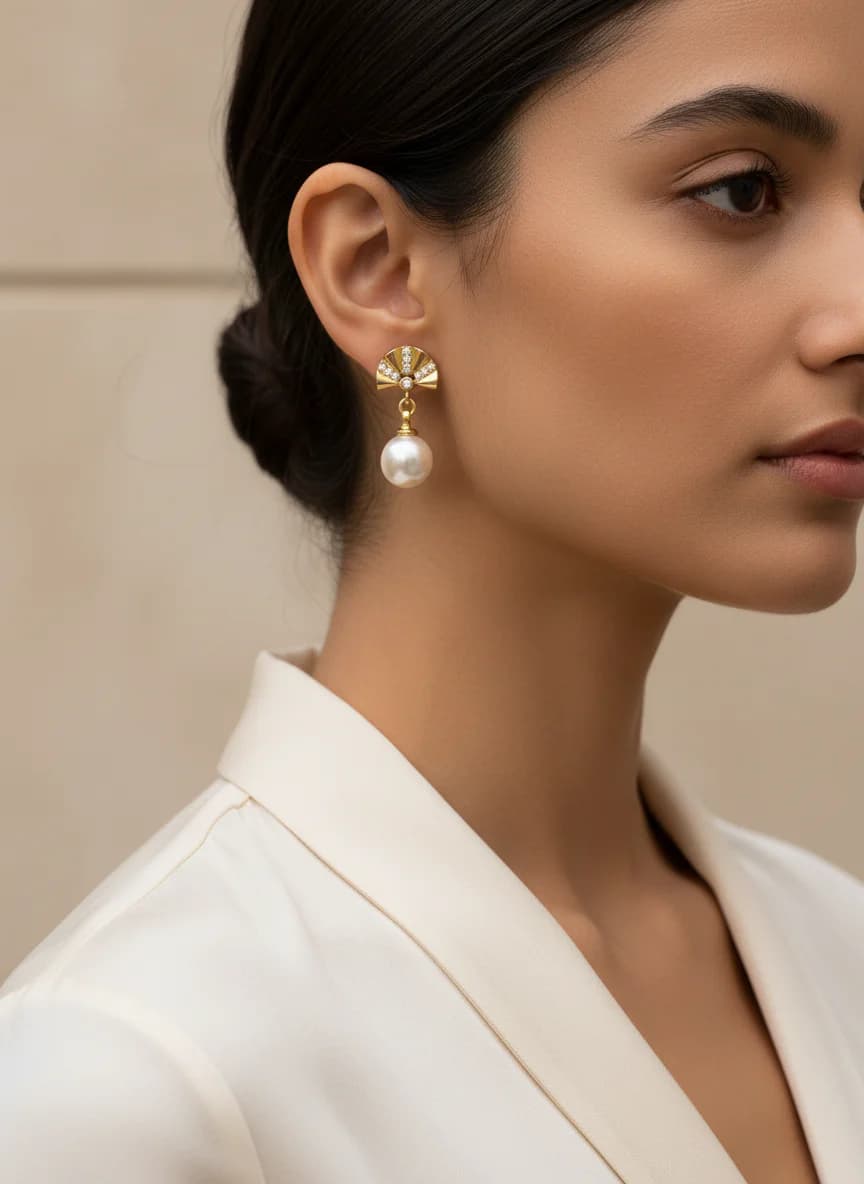 Altın Rengi İnci ve Zirkon Taşlı Fan Küpe