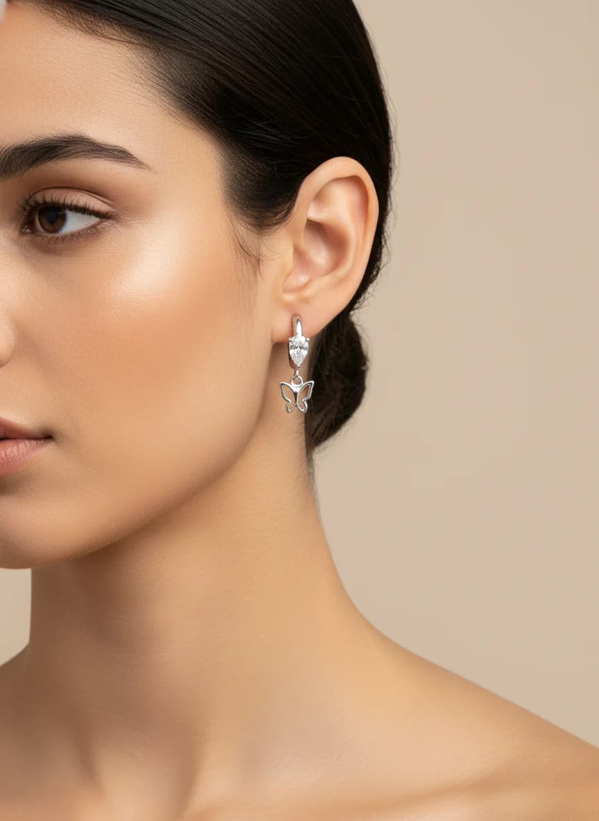 3'lü Gümüş Zirkon Taşlı Kelebek Yaprak Damla Küpe Seti