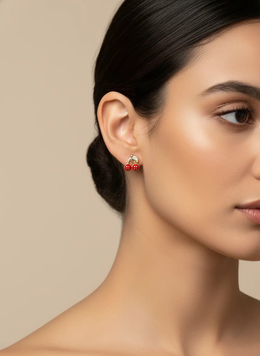 Altın Rengi Mineli Kiraz Küpe - Taş Detaylı Şirin Tasarım