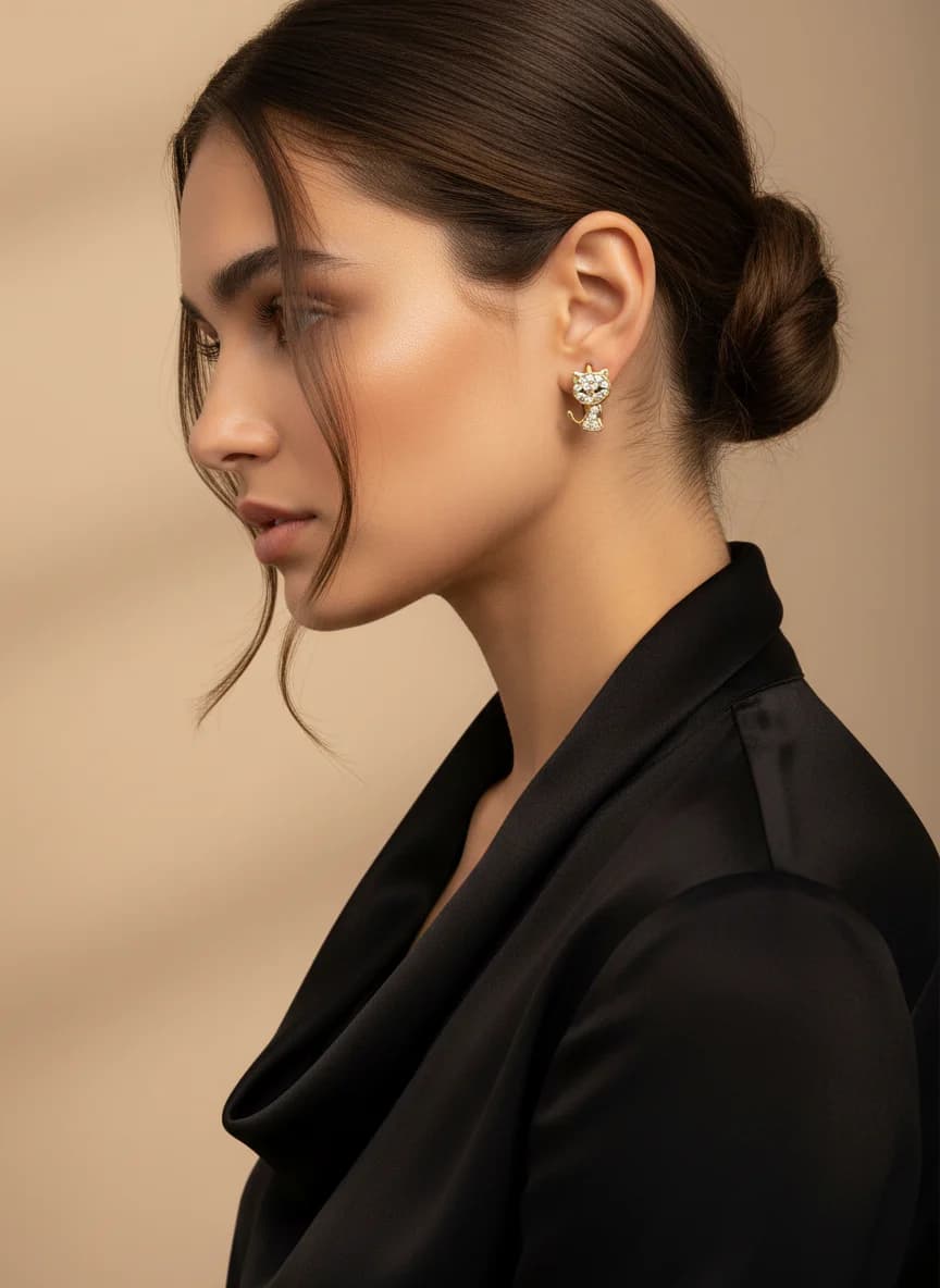 Zirkon Taşlı Kedi Tasarım Altın Renk Mini Halka Küpe