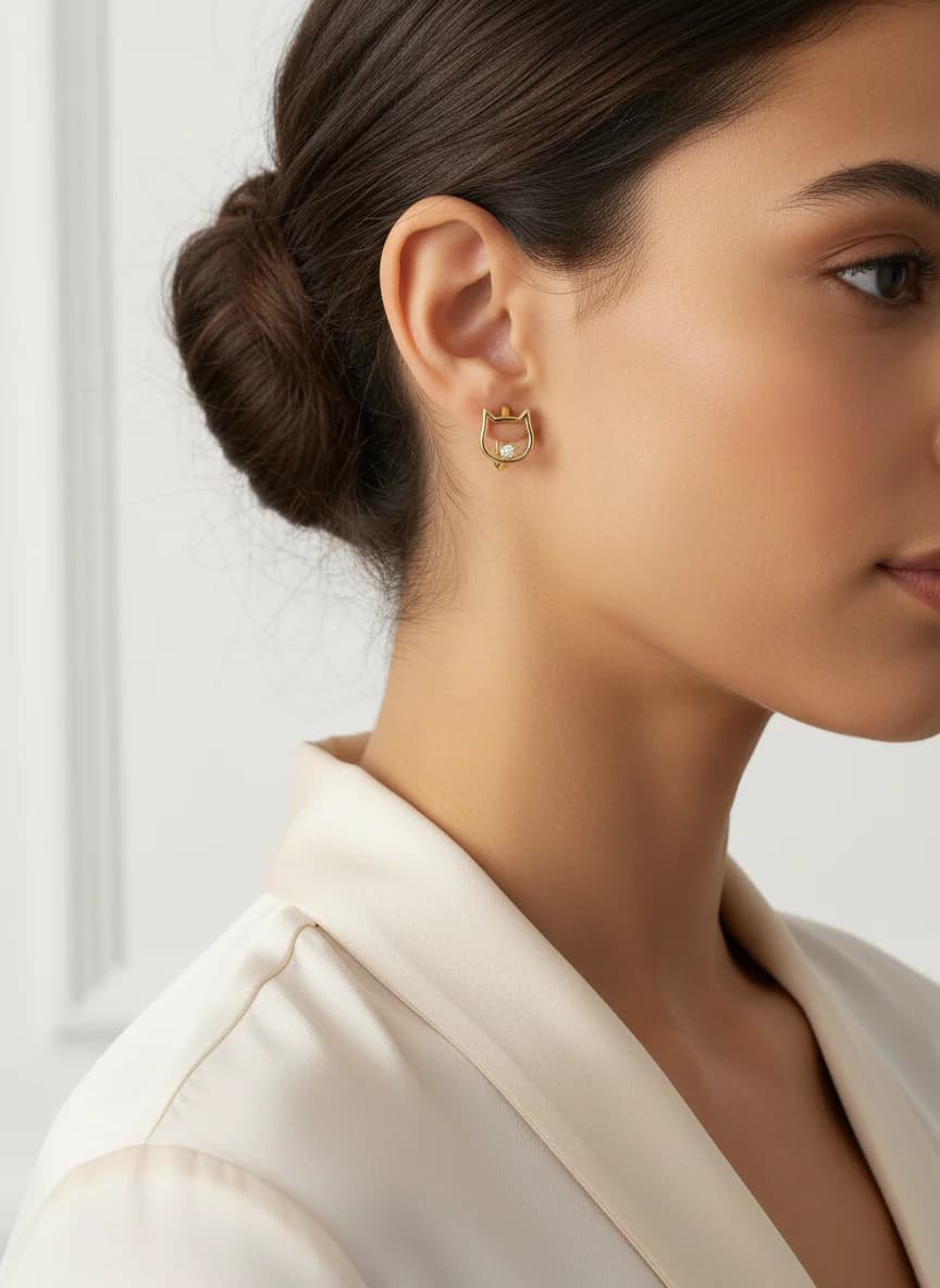 Kedi ve Modern Figür Taşlı Altın Halka Küpe