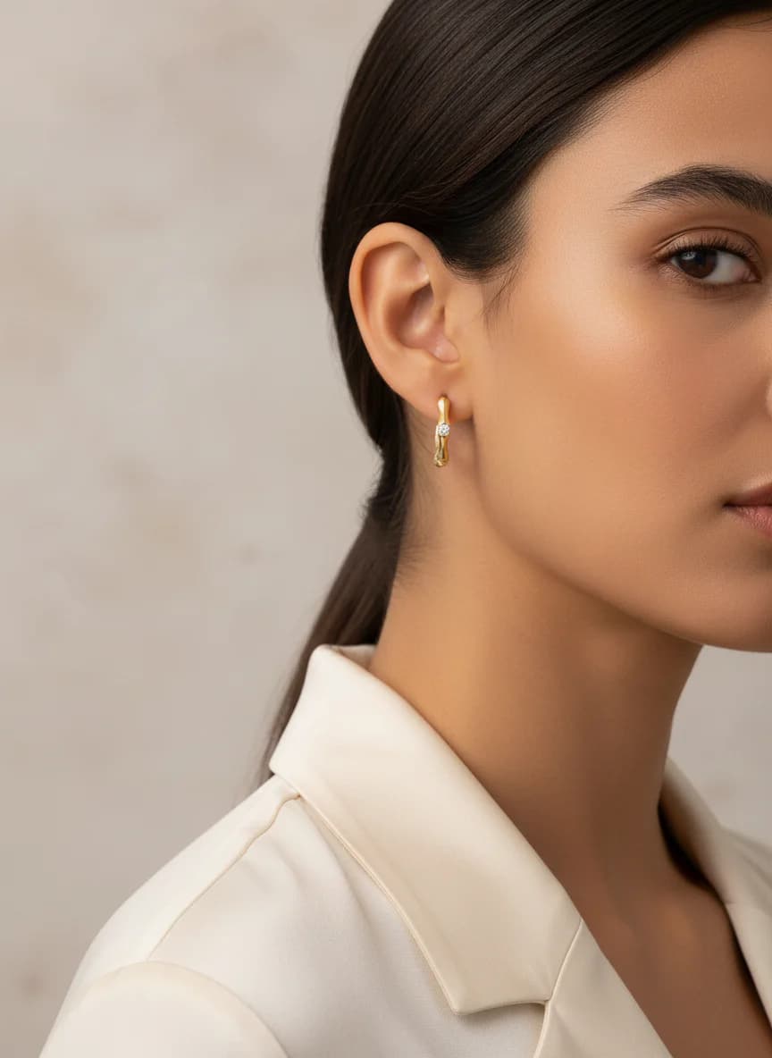 Zirkon Taşlı Altın Rengi Bambu Halka Küpe - Minimal